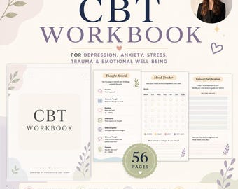 CBT Therapy Workbook Printable, Cognitive Behavioral Therapy Journal, Mental Health Worksheets, Anxiety & Depression PDF, 56 Pages