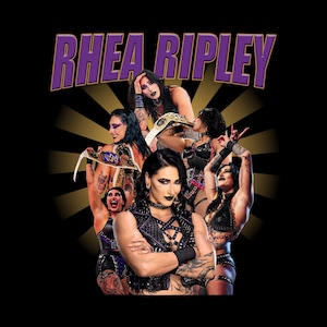 May include: A graphic featuring multiple images of Rhea Ripley, a professional wrestler, against a gold burst background. The text "RHEA RIPLEY" is in purple block letters at the top. The images show Ripley in various poses.