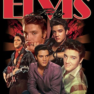 Könnte beinhalten: Grafik mit mehreren Bildern von Elvis Presley, mit dem Wort "ELVIS" in großen roten Buchstaben oben. Die Bilder zeigen Elvis in verschiedenen Posen, darunter eine mit einer Gitarre.