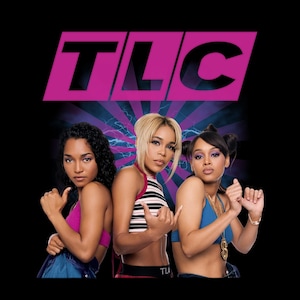 May include: Image of the musical group TLC. The image features three women in colourful outfits, posing in front of a black background with the TLC logo in pink. The women are wearing crop tops and jeans.