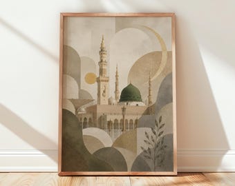 Könnte beinhalten: Ein gerahmter Wandkunstdruck, der eine Moschee mit einer markanten grünen Kuppel und hohen Minaretten zeigt. Die Komposition umfasst abstrakte geometrische Formen, einen goldenen Halbmond, eine kleine Sonne und einen belaubten Zweig.