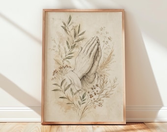 Christian Wall Art, Praying Hands Canvas, Botanical Prayer Hands, Neutral Boho Faith Decor, Religious Art, Olive Branch
