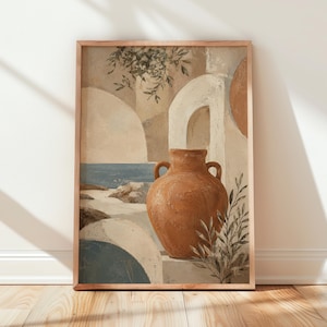May include: A framed wall art print featuring a terracotta-coloured amphora vase in the foreground. The background depicts a coastal scene with white stone arches, a blue sea, rocky terrain, and olive branches in a neutral, earthy colour palette.