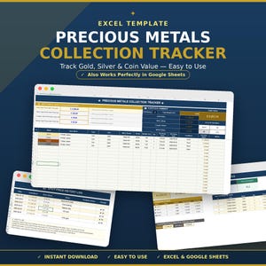 Puede incluir: Una plantilla digital de Excel para el seguimiento de colecciones de metales preciosos, con fondo azul oscuro y texto dorado. La interfaz muestra columnas para rastrear valores de oro, plata y monedas, incluyendo historial de precios y resúmenes.