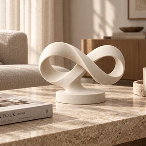 Puede incluir: Una escultura de color crema con un diseño de símbolo de infinito en bucle continuo montado sobre una base circular. El objeto tiene un acabado mate liso y está colocado sobre una superficie de piedra texturizada junto a un libro y una vela.