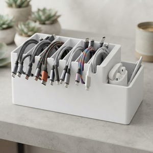Pode incluir: Um organizador de secretária retangular branco com várias ranhuras verticais para guardar vários cabos de carregamento. O organizador inclui um compartimento lateral separado contendo um par de auriculares sem fios brancos e uma caneta prateada.
