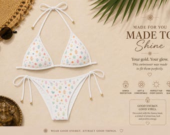 Pastel Hamsa Bikini Set | Cute Boho Swimsuit for Women | Lucky Charm Beachwear | Tropical Floral Two Piece | Summer Vacation Swimwear