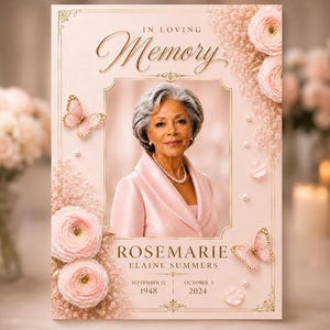 May include: A memorial card featuring a portrait of a person with gray hair wearing a pink blazer. The card has a light pink background with gold text reading IN LOVING MEMORY, ROSEMARIE ELAINE SUMMERS, SEPTEMBER 12 1948, OCTOBER 3 2024, pink flowers, and butterflies.