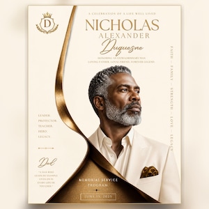 May include: A memorial service programme featuring a portrait of a man with grey hair and a beard, wearing a cream-coloured blazer. The text includes the name Nicholas Alexander Duquesne, the date 15 June 2025, and various tributes in gold lettering.