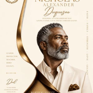 Può includere: Un programma di servizio commemorativo con il ritratto di una persona con barba grigia in abito bianco. Il testo include: A CELEBRATION OF A LIFE WELL LIVED, NICHOLAS ALEXANDER DUQUESNE, HONORING AN EXTRAORDINARY MAN, LEADER, PROTECTOR, TEACHER, HERO, LEGACY, DAD.