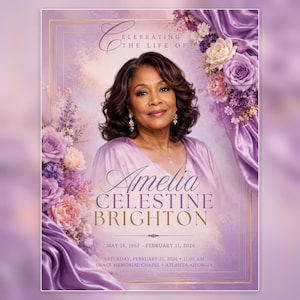 May include: A funeral program flyer featuring a portrait of a person with dark hair, surrounded by purple and pink floral arrangements and draped satin fabric. Text reads: CELEBRATING THE LIFE OF AMELIA CELESTINE BRIGHTON, MAY 18, 1962 – FEBRUARY 11, 2026.