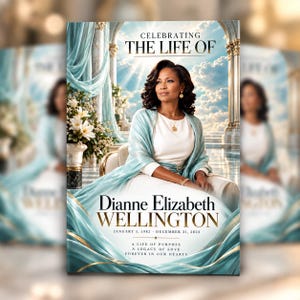 May include: A funeral programme cover featuring a portrait of a person in a white outfit with a light blue shawl. The text reads: CELEBRATING THE LIFE OF, Dianne Elizabeth WELLINGTON, JANUARY 1, 1982 - DECEMBER 31, 2025, A LIFE OF PURPOSE, A LEGACY OF LOVE, FOREVER IN OUR HEARTS.