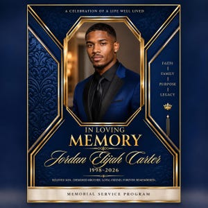 Instagram / Facebook 1080 x 1920 - Navy Blue & Gold Geometric Funeral Program Template, Memorial Service Canva Editable (Digital Download)