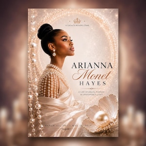 Könnte beinhalten: Ein Gedenkporträt einer Person mit dunklem Dutt, die ein perlenbesetztes Kleidungsstück trägt. Text: A LEGACY BEYOND TIME, ARIANNA MONET HAYES, A LIFE OF GRACE, PURPOSE & UNSTOPPABLE LIGHT, MARCH 12, 2101 - MAY 18, 2026, zusammen mit einer Perlmuschel.
