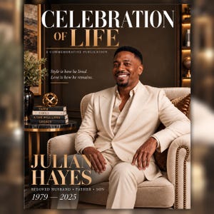 May include: A commemorative publication titled Celebration of Life featuring a portrait of Julian Hayes, 1979-2025, beloved husband, father, and son. The cover includes the text: Style is how he lived. Love is how he remains. Faith, Family, A Life Well Lived, Legacy.