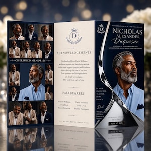 Peut inclure: Un programme de service commémoratif à trois volets avec un schéma de couleurs bleu foncé et crème. La couverture présente le portrait d'un homme à barbe grise, le texte Nicholas Alexander Duquesne et la date du 17 sept. 2025. L'intérieur inclut un collage.