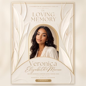 May include: A memorial service programme featuring a portrait of a person in a central arch. The text reads: A CELEBRATION OF A BEAUTIFULLY LIVED LIFE, IN LOVING MEMORY, Veronica Elizabeth Monroe, BELOVED DAUGHTER, CHERISHED SISTER, FOREVER LOVED, JUNE 15, 2026.
