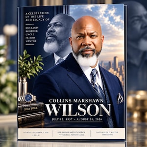 May include: A funeral programme booklet featuring a portrait of a man with a white beard in a navy suit. Text reads: A CELEBRATION OF THE LIFE AND LEGACY OF COLLINS MARSHAWN WILSON, JULY 12, 1957 – AUGUST 28, 2026, NEW SHILOH BAPTIST CHURCH, PITTSBURGH, PENNSYLVANIA.