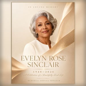 May include: A memorial service program featuring a portrait of a person with silver hair wearing a white top. The text reads IN LOVING MEMORY, EVELYN ROSE SINCLAIR, 1948-2026, A Celebration of a Beautifully Lived Life, and MEMORIAL SERVICE PROGRAM.