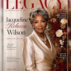 Puede incluir: Una portada de programa funerario titulada LEGACY A CELEBRATION OF LIFE con un retrato de Jacqueline Rebecca Wilson. Viste un blazer color champán y un collar de perlas de varias hebras. Rosas rojas y blancas están dispuestas a la derecha.