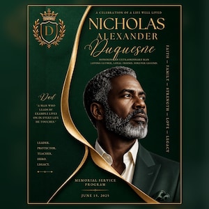 Pode incluir: Um programa de serviço memorial com o retrato de um homem de barba grisalha em um terno escuro. O design usa um fundo verde profundo com detalhes dourados, um brasão com a letra D e texto incluindo Nicholas Alexander Duquesne, 15 de junho de 2025.