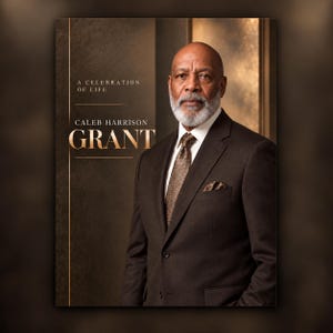 Op de afbeelding: Een uitvaartprogramma-omslag met een portret van een man met een grijze baard in een donkerbruin pak, wit overhemd en een das met patroon. De tekst A CELEBRATION OF LIFE en CALEB HARRISON GRANT staat in elegante gouden letters op de achtergrond.