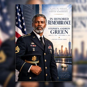Könnte beinhalten: Ein Gedenkplakat mit einem Soldaten in dunkelblauer Uniform mit Orden, der eine Dienstmütze hält. Der Text lautet: In Honored Remembrance, Stephen Andrew Green, 22. April 1966 - 11. September 2001, United States Army und weitere Widmungen.