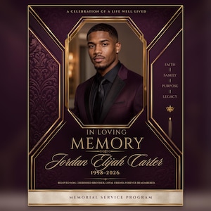 May include: A memorial service program featuring a portrait of a man in a dark suit within a gold-bordered frame. The deep purple background has a damask pattern and gold text reading In Loving Memory, Jordan Elijah Carter, 1998-2026, and Faith, Family, Purpose, Legacy.