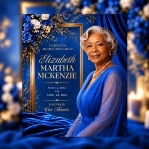 Könnte beinhalten: Ein Trauerprogramm mit dem Porträt einer älteren Person mit grauem Haar, die ein blaues Kleid und eine Perlenkette trägt. Der Text lautet: Celebrating the beautiful life of Elizabeth Martha McKenzie, May 12, 1952 to April 28, 2024, Forever in Our Hearts.