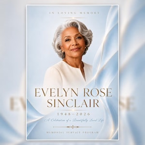 May include: A memorial service programme featuring a portrait of a person with short grey hair wearing a white top. The text reads IN LOVING MEMORY, EVELYN ROSE SINCLAIR, 1948-2026, A Celebration of a Beautifully Lived Life, and MEMORIAL SERVICE PROGRAM.