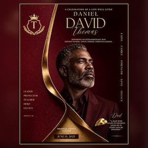 May include: A memorial service program featuring a portrait of a man with a gray beard in a burgundy suit. Text includes: A CELEBRATION OF A LIFE WELL LIVED, DANIEL DAVID Thomas, HONORING AN EXTRAORDINARY MAN, LEADER, PROTECTOR, TEACHER, HERO, LEGACY, JUNE 15, 2025.