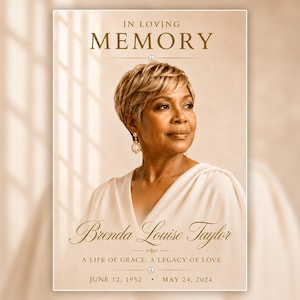 May include: A memorial portrait featuring a person with short blonde hair and gold drop earrings, wearing a cream-colored top. The text reads: IN LOVING MEMORY, Brenda Louise Taylor, A LIFE OF GRACE. A LEGACY OF LOVE. JUNE 12, 1952 - MAY 24, 2024.