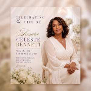 Könnte beinhalten: Eine Gedenkkarte mit dem Porträt einer Person mit dunklem, lockigem Haar in einem weißen langärmeligen Kleid. Der Text lautet: CELEBRATING the LIFE OF Amara Celeste Bennett, May 18, 1962 - February 11, 2026. She lived beautifully, she loved deeply.