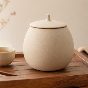 May include: A round, matte beige ceramic tea canister with a matching lid featuring a small, pointed handle. The canister has a textured, granular surface and sits alongside a small, matching ceramic tea cup on a wooden tray.