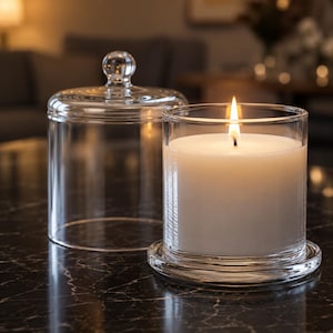 Peut inclure: Une bougie en cire blanche avec une flamme allumée dans un récipient en verre transparent, accompagnée d'un couvercle en verre assorti doté d'un bouton sphérique. La bougie est cylindrique et le couvercle est conçu pour couvrir le récipient.