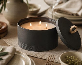 May include: A round, matte black candle container with three lit wicks and a matching lid featuring a small jute rope handle. The exterior of the container displays a subtle, embossed semi-circular line pattern around the base.