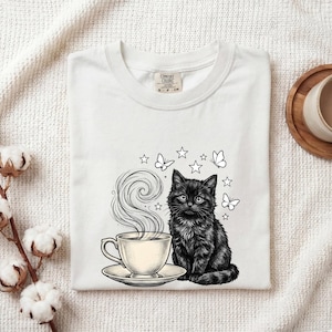 Black Cat Shirt Cat Java Gift Women Cartoon Tee Kitten T-Shirt Cat Fan Coffee Tshirt Caffeinated Graphic Rustic Coffee Mug Tshirt