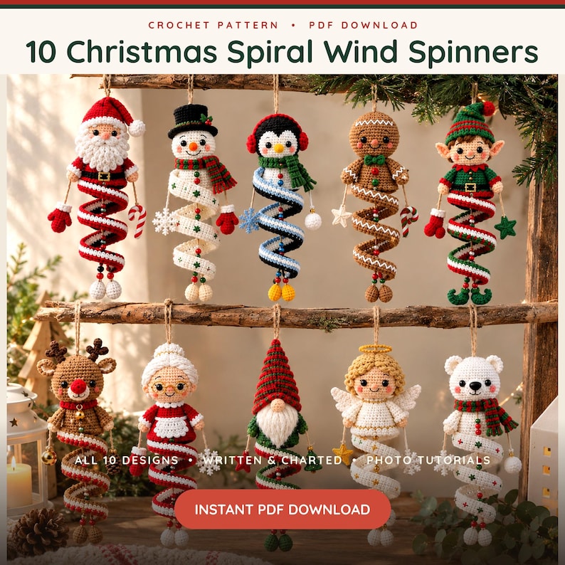 10 Christmas Spiral Wind Spinner Crochet Patterns, Holiday Ornament