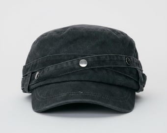 Gorra militar retro japonesa vintage desgastada con remaches, regalo hecho a mano para ella, gorra plana de algodón lavado, unisex, informal, estilo militar.