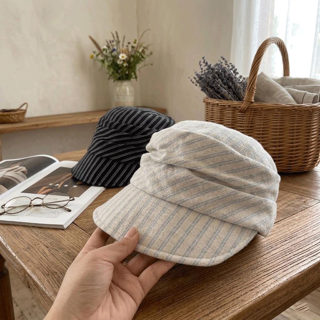 Striped Cotton Linen Newsboy Cap Women Spring Summer Vintage  display picture 1