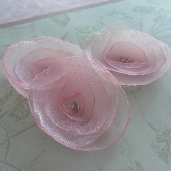 Fabric Flowers in Pale Pink Applique Set of 3 Handmade