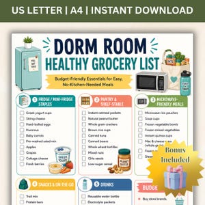 May include: A digital grocery list titled DORM ROOM HEALTHY GROCERY LIST with sections for fridge staples, pantry items, and microwave meals. It features illustrations of a mini-fridge, microwave, water bottle, and grocery bag with text US LETTER | A4.