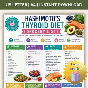 May include: A digital grocery list titled Hashimoto's Thyroid Diet with sections for vegetables, fruits, protein, and healthy fats. The document includes food icons, text lists, and images of blueberries, spinach, salmon, avocado, and pumpkin seeds.