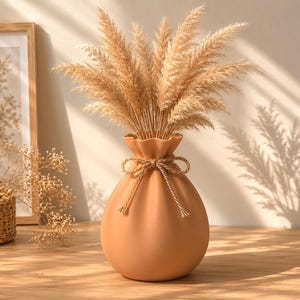 May include: A matte peach-colored ceramic vase with a rounded, pouch-like shape and a ruffled top opening. The neck of the vase is tied with a thin, braided tan rope. Inside the vase are several tall, fluffy, light beige pampas grass stems.
