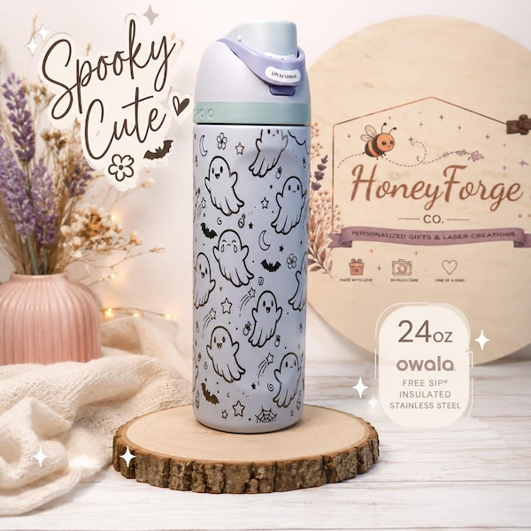 Owala FreeSip 24oz Halloween Ghost Water Bottle | Laser Engraved Stainless Steel Tumbler