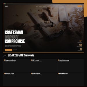 May include: A dark-themed website design with the text "CRAFTSMAN WITHOUT COMPROMISE." The image includes carpentry tools and website feature descriptions. The template is for trades and crafts.