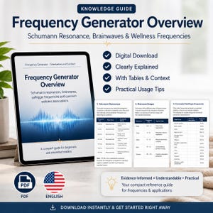 May include: A digital guide titled Frequency Generator Overview displayed on a tablet screen, featuring tables on Schumann resonances, brainwave ranges, and organ frequencies. The document includes text, a blue waveform graphic, and PDF icons.