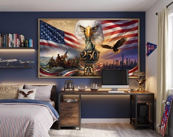 Print Amerika 250e verjaardag, 1776-2026 patriottische muurkunst, Bald Eagle Liberty Bell, Vrijheidsbeeld, halfjaarlijkse digitale download