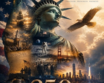 Stampa per il 250° anniversario dell'America, arte murale patriottica, aquila calva, Statua della Libertà, download digitale