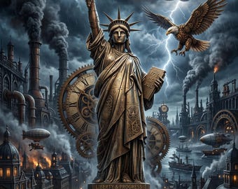 Stampa steampunk per il 250° anniversario degli Stati Uniti, decorazione murale patriottica (download digitale)